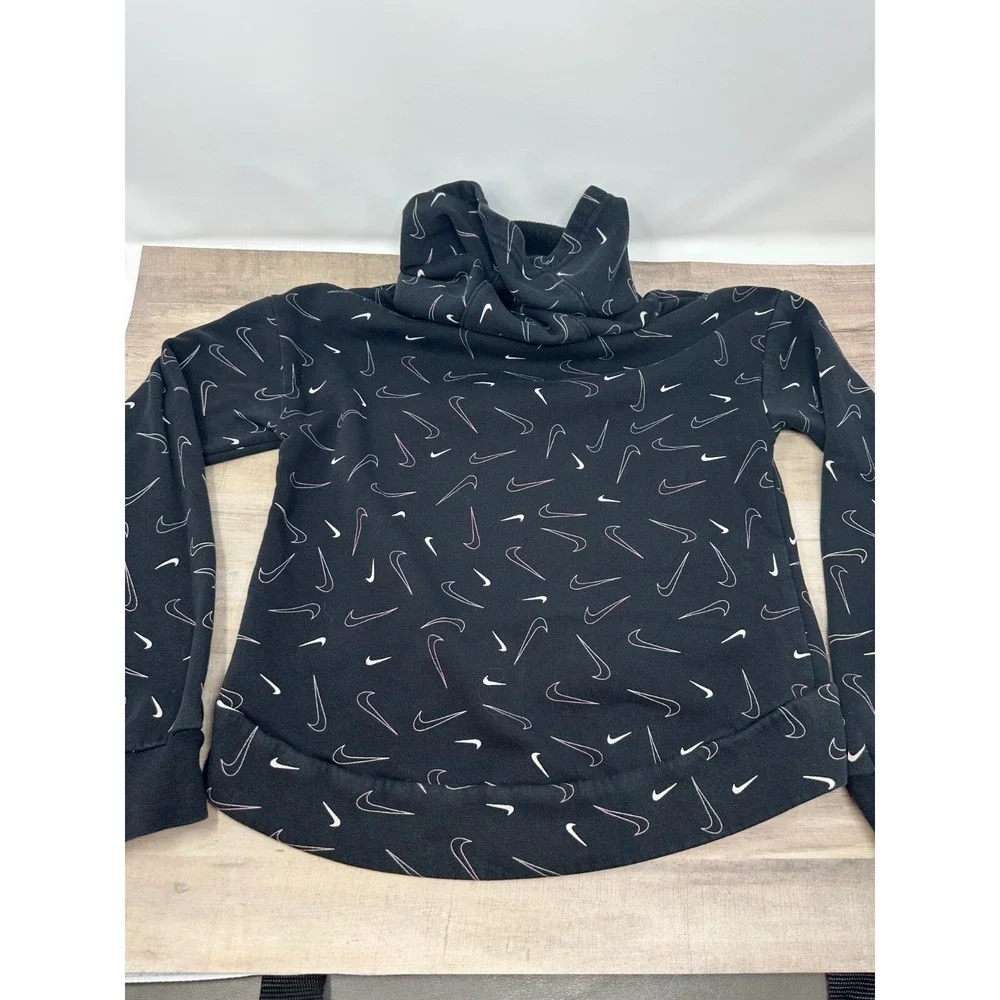 Nike Girl's Pullover Hoodie All Over Print Logo Swoosh‎ Black & White Medium